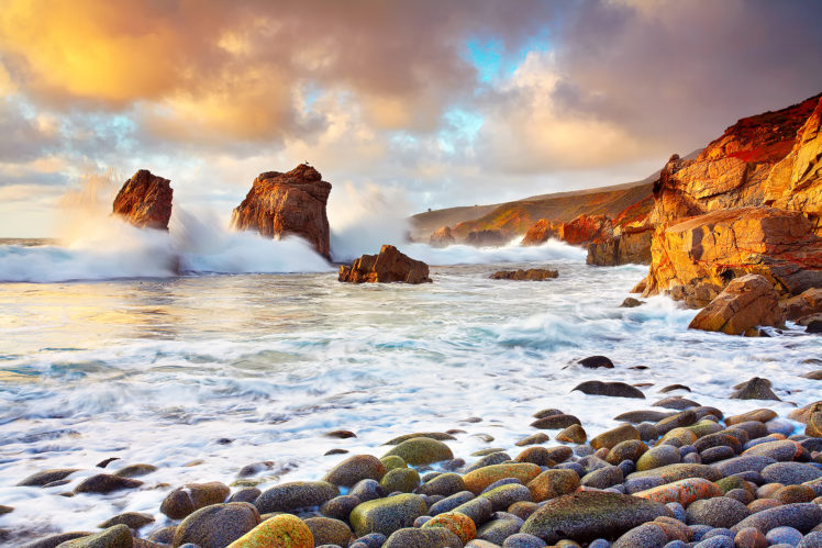california, Rocks, Clouds, Ocean, Waves HD Wallpaper Desktop Background