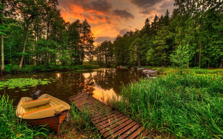 river, Boats, Forest, Sunset, Landscape HD Wallpaper Desktop Background
