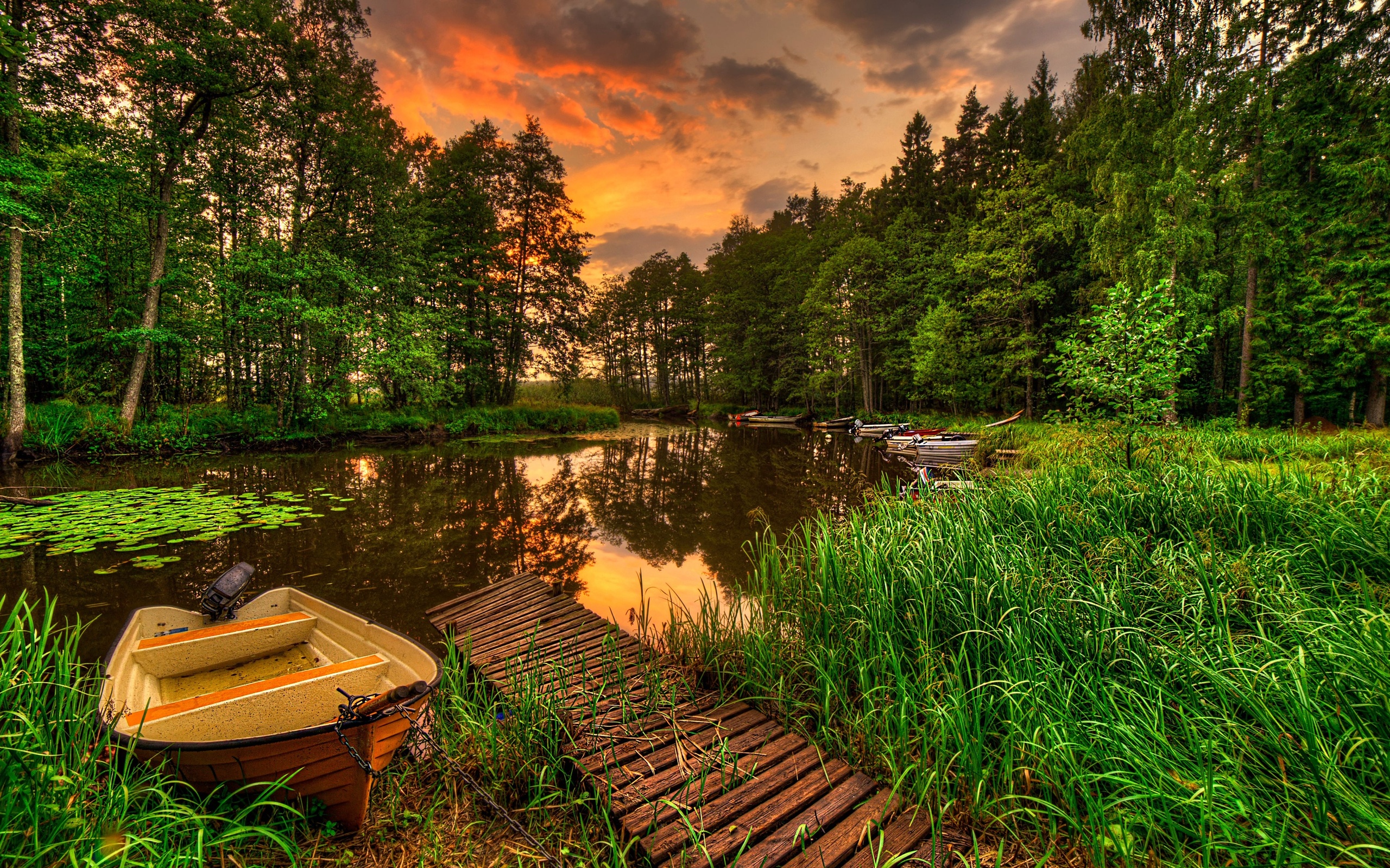 river, Boats, Forest, Sunset, Landscape Wallpaper