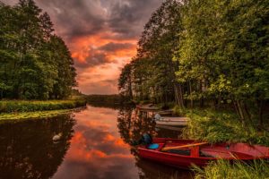 river, Boats, Forest, Sunset, Landscape