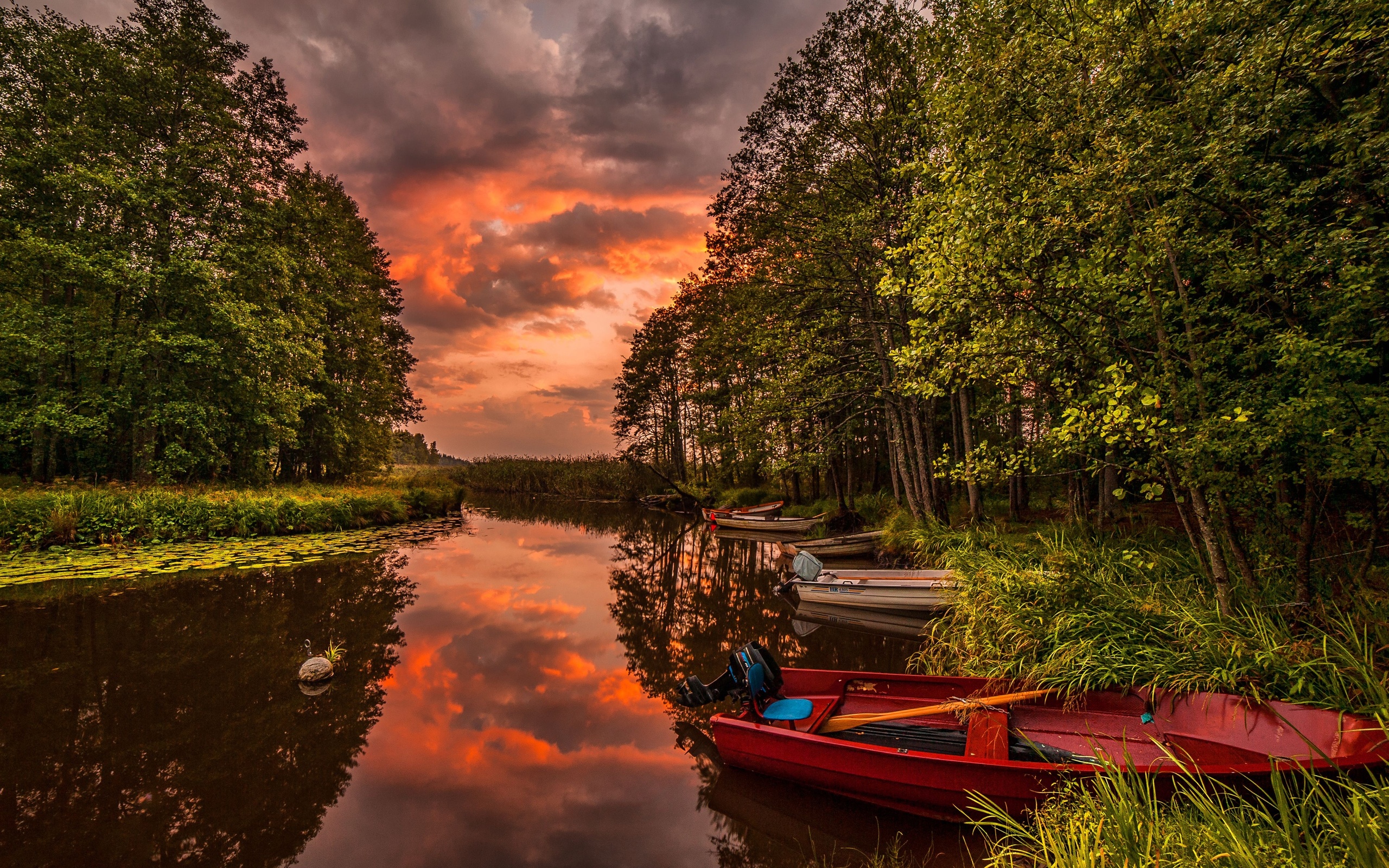 river, Boats, Forest, Sunset, Landscape Wallpaper