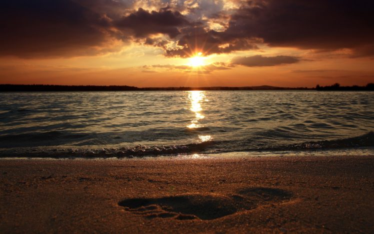 water, Sunset, Landscapes, Beach, Footprint HD Wallpaper Desktop Background