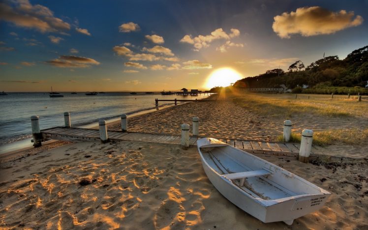 sunset, Nature, Beach, Boats, Vehicles HD Wallpaper Desktop Background