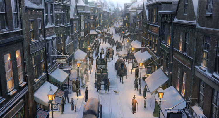 art, City, Snow, Winter, Street, Carts, Horses, People, Christmas HD Wallpaper Desktop Background
