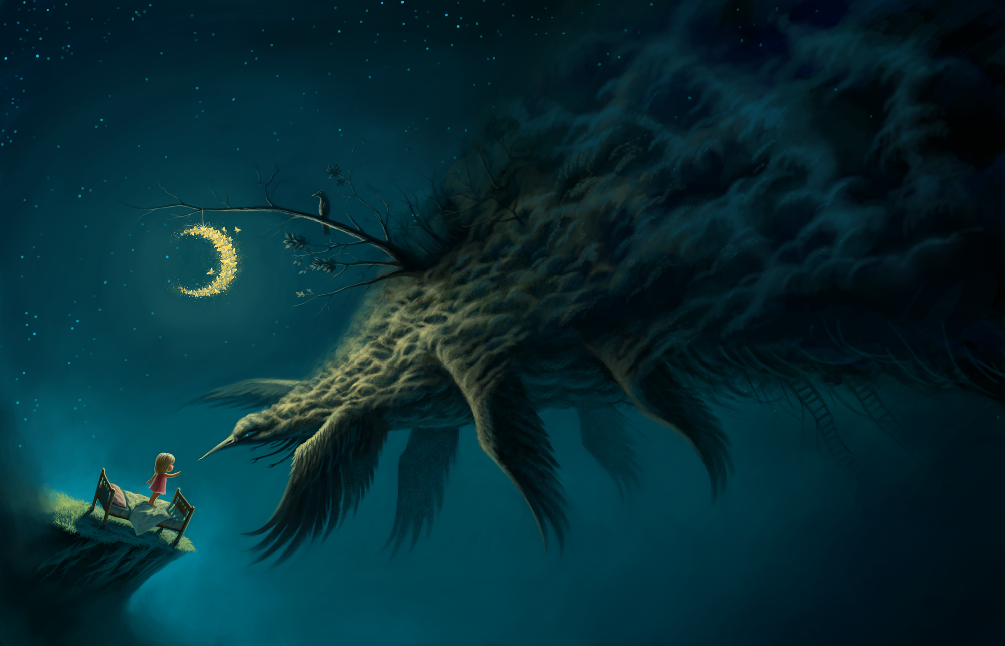 art, Girl, Monster, Bird, Bed, Night, Month, Moths, Raven, Wings, Stairs Wallpaper