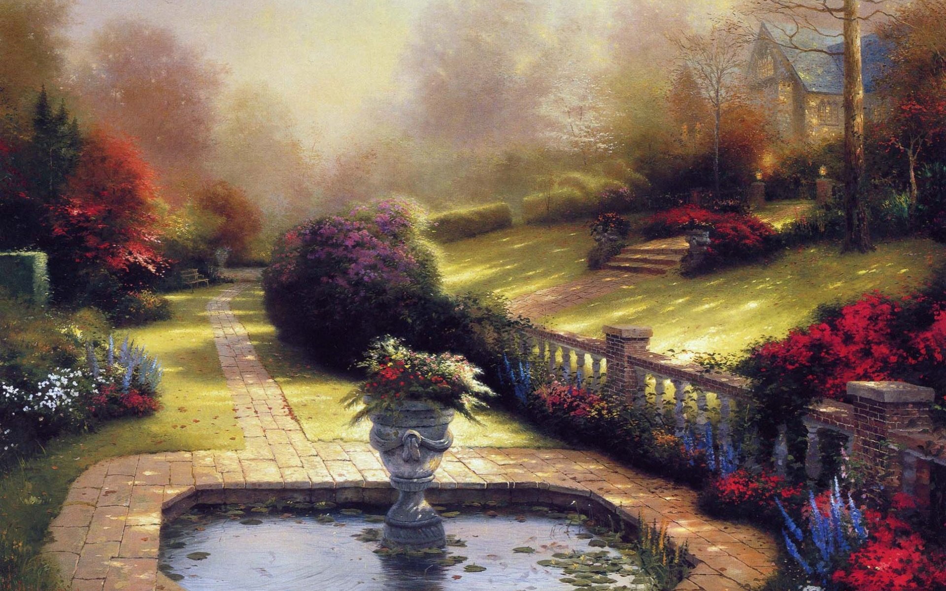 flowers, Garden, Path, Artwork Wallpaper