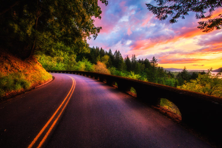 sunset, Forest, Colors, Road, Clouds, Trees, View, Sky, Nature HD Wallpaper Desktop Background