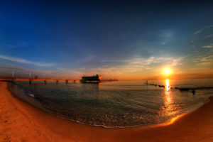 sunset, Ocean, Beach, Pier, Landscape