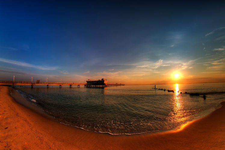sunset, Ocean, Beach, Pier, Landscape HD Wallpaper Desktop Background