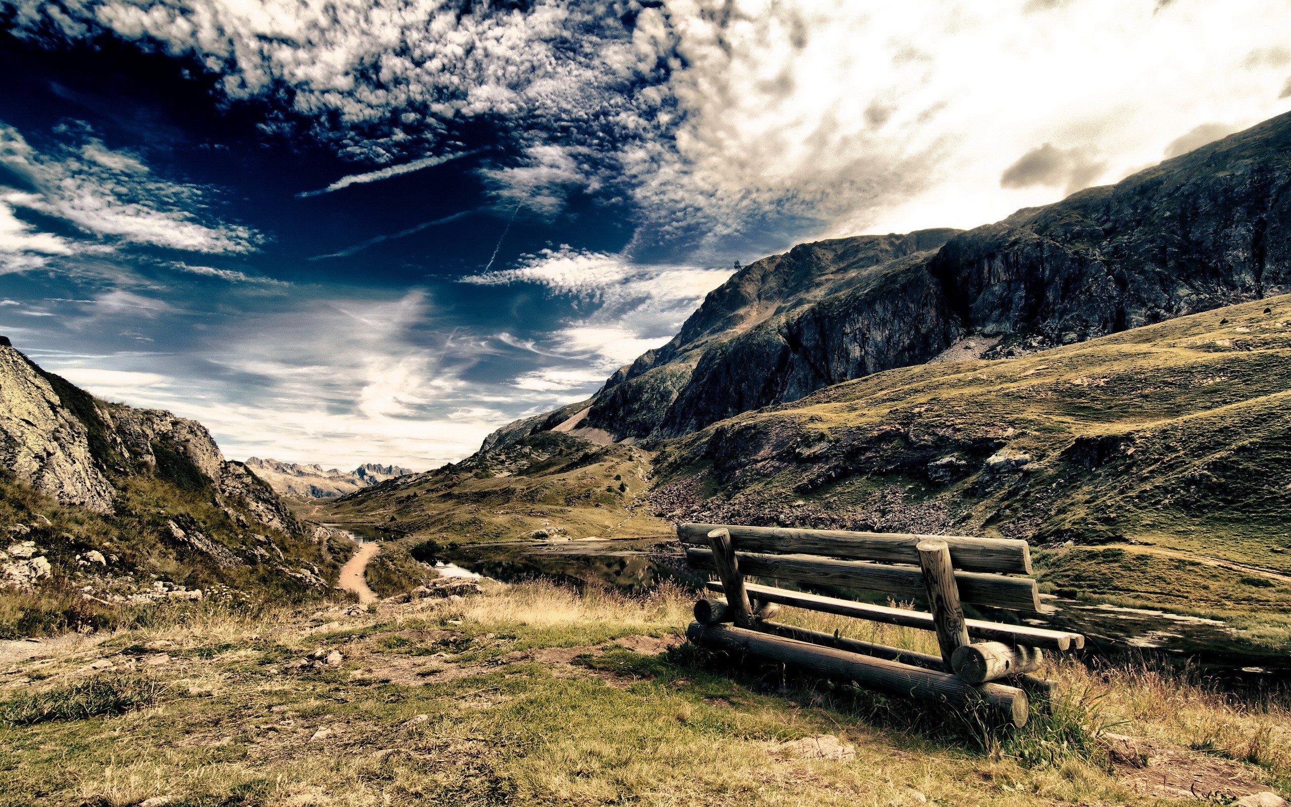 light, Mountains, Clouds, Landscapes, Nature, Sun, Trees, Grass, Rocks, Bench, Roads, Hdr, Photography, Skyscapes Wallpaper