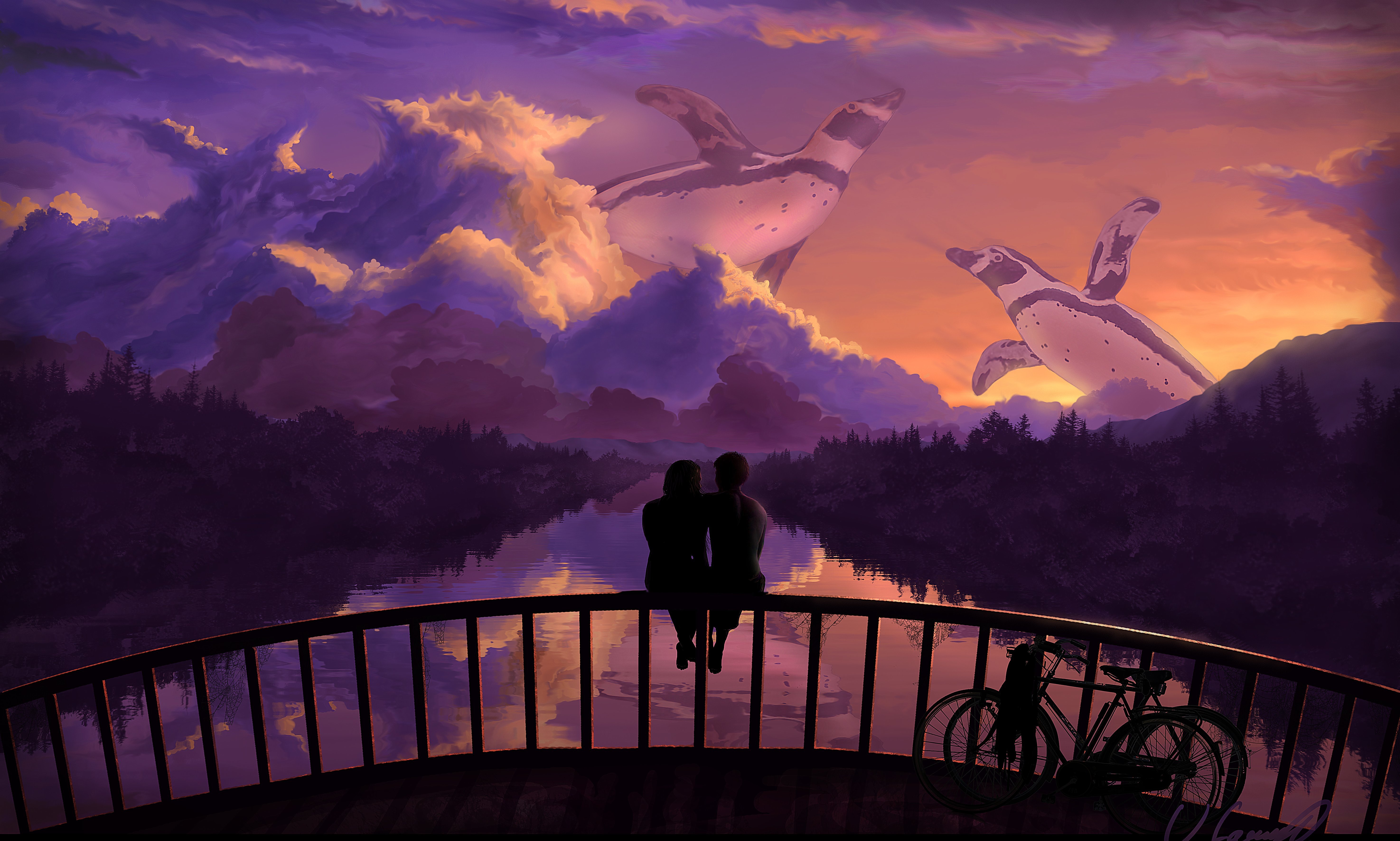 love, Bridges, Penguin, Bicycle, Fence, Sitting, Fantasy, Mood Wallpaper