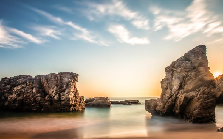 sea, Beach, Rocks, Sun, Sunrise, Morning, Sky, Clouds HD Wallpaper Desktop Background