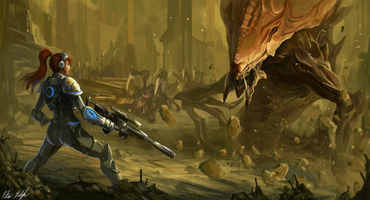 starcraft, Monsters, Warrior, Rifles, Sniper, Rifle, Armor, Games, Girls, Sci fi HD Wallpaper Desktop Background