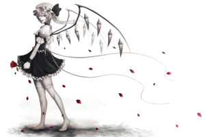 touhou, Dress, Flandre, Scarlet, Flowers, Hat, Monochrome, Petals, Red, Eyes, Rose, Short, Hair, Thighhighs, Touhou, Vampire, White, Wings