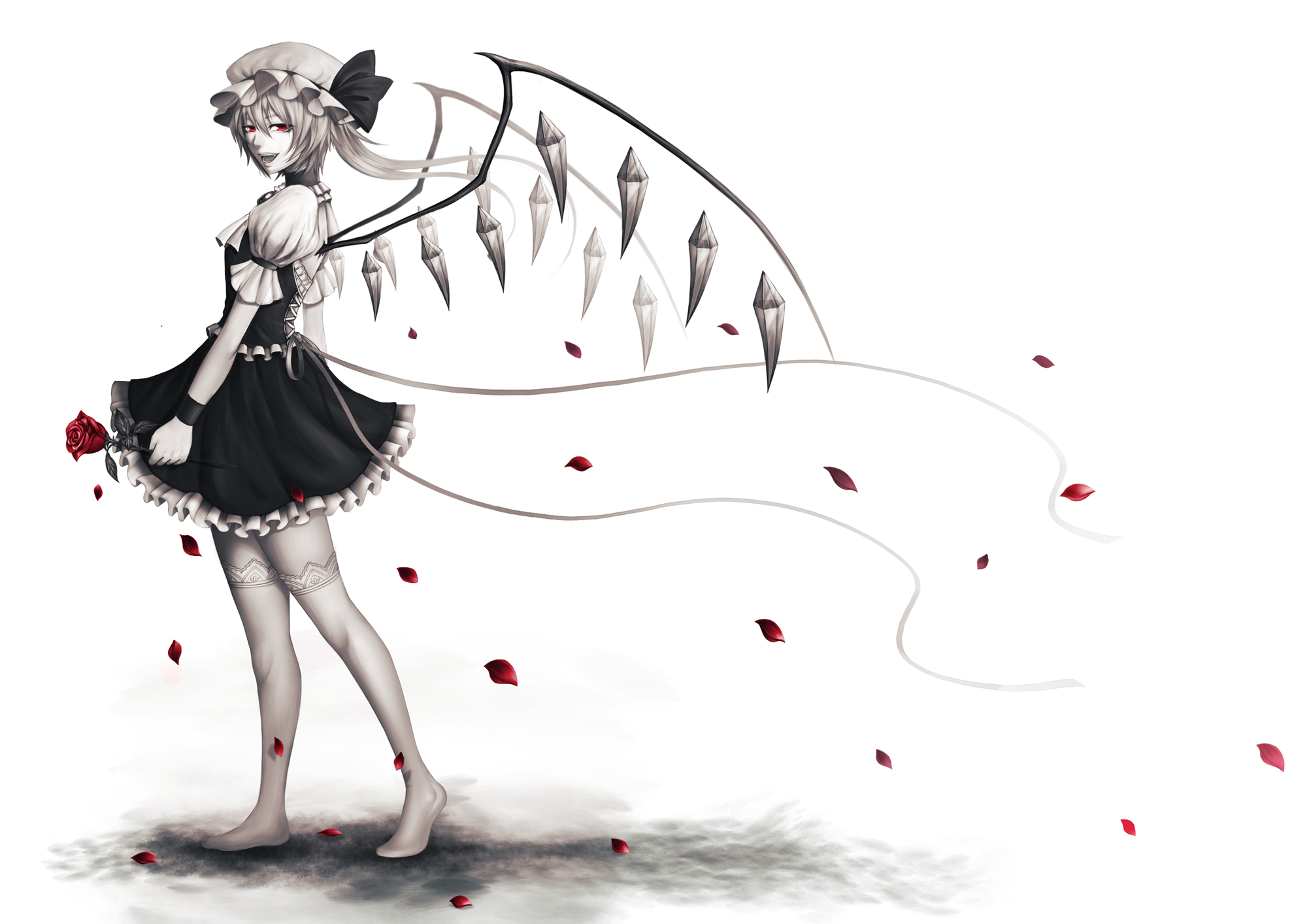 touhou, Dress, Flandre, Scarlet, Flowers, Hat, Monochrome, Petals, Red, Eyes, Rose, Short, Hair, Thighhighs, Touhou, Vampire, White, Wings Wallpaper