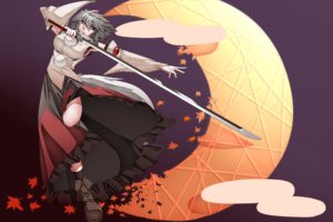 tails, Video, Games, Touhou, Leaves, Moon, Skirts, Weapons, Animal, Ears, Red, Eyes, Short, Hair, Warriors, Maple, Leaf, Inubashiri, Momiji, Gray, Hair, Hats, Japanese, Clothes, Simple, Background, Wolf, Girl, Te