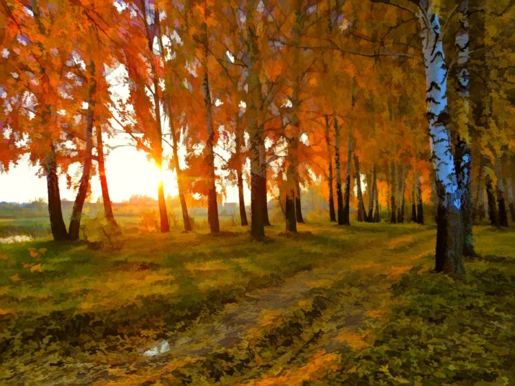 drawing, Beauty, Nature, Landscape, Autumn, Road, Birch, Sunset HD Wallpaper Desktop Background