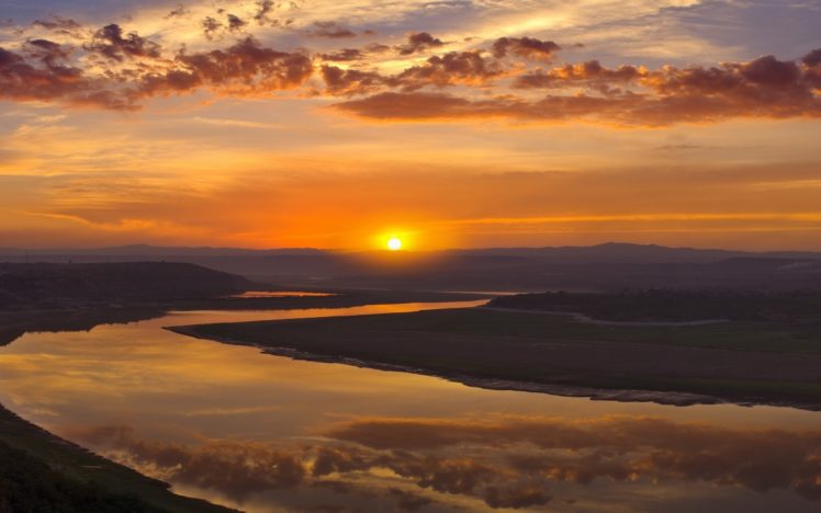 sunset, Mountains, Clouds, Landscapes, Rivers, Reflections HD Wallpaper Desktop Background