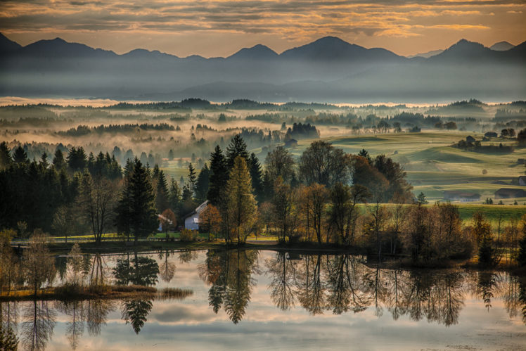 bavaria, Germany, Autumn, River, Morning, Dawn, Reflection, Trees, Mountains, Landscape HD Wallpaper Desktop Background