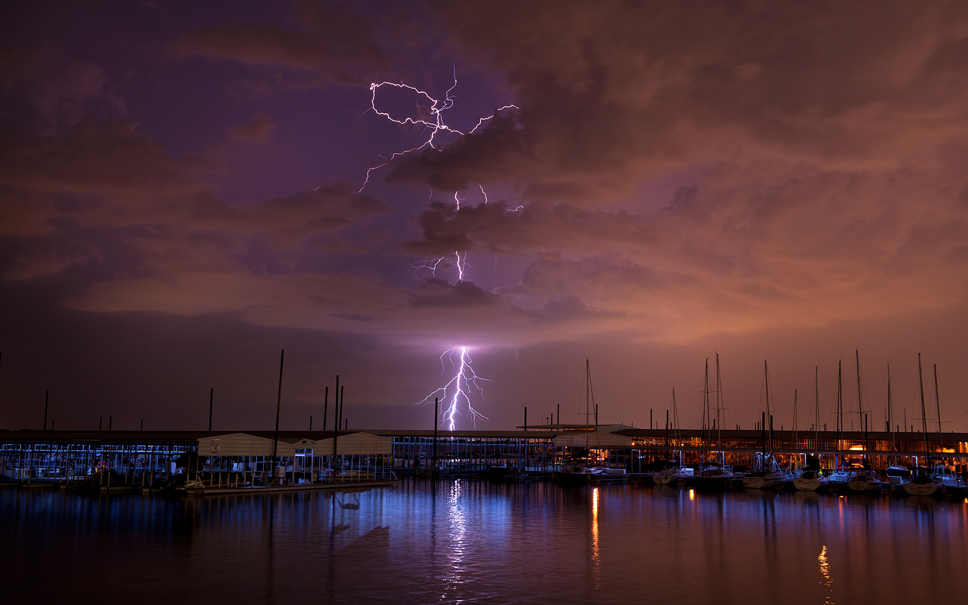 lightning, Storm, Clouds, Night, Boats, Harbor Wallpaper