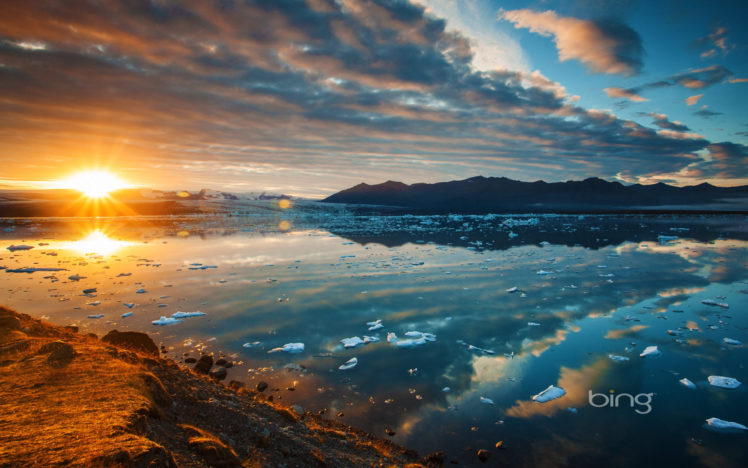 ekyulsaurloun, Lagoon, Iceland, Lake, Sunset, Mountains HD Wallpaper Desktop Background