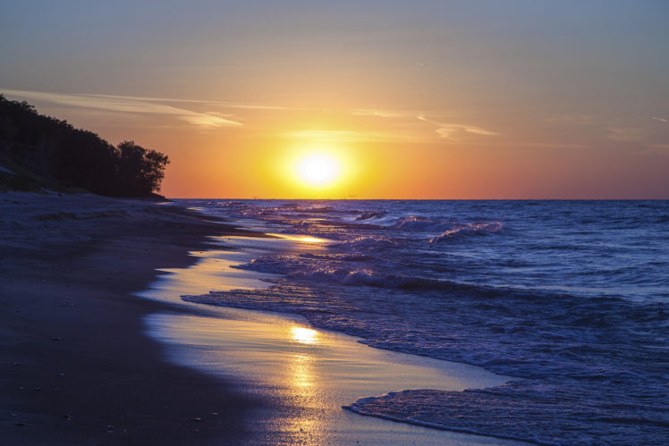 lake, Michigan, Indiana, Sunset, Coast, Sun, Beach, Lake HD Wallpaper Desktop Background
