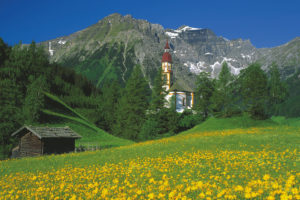 austria, Mountains, House, Church, Landscape
