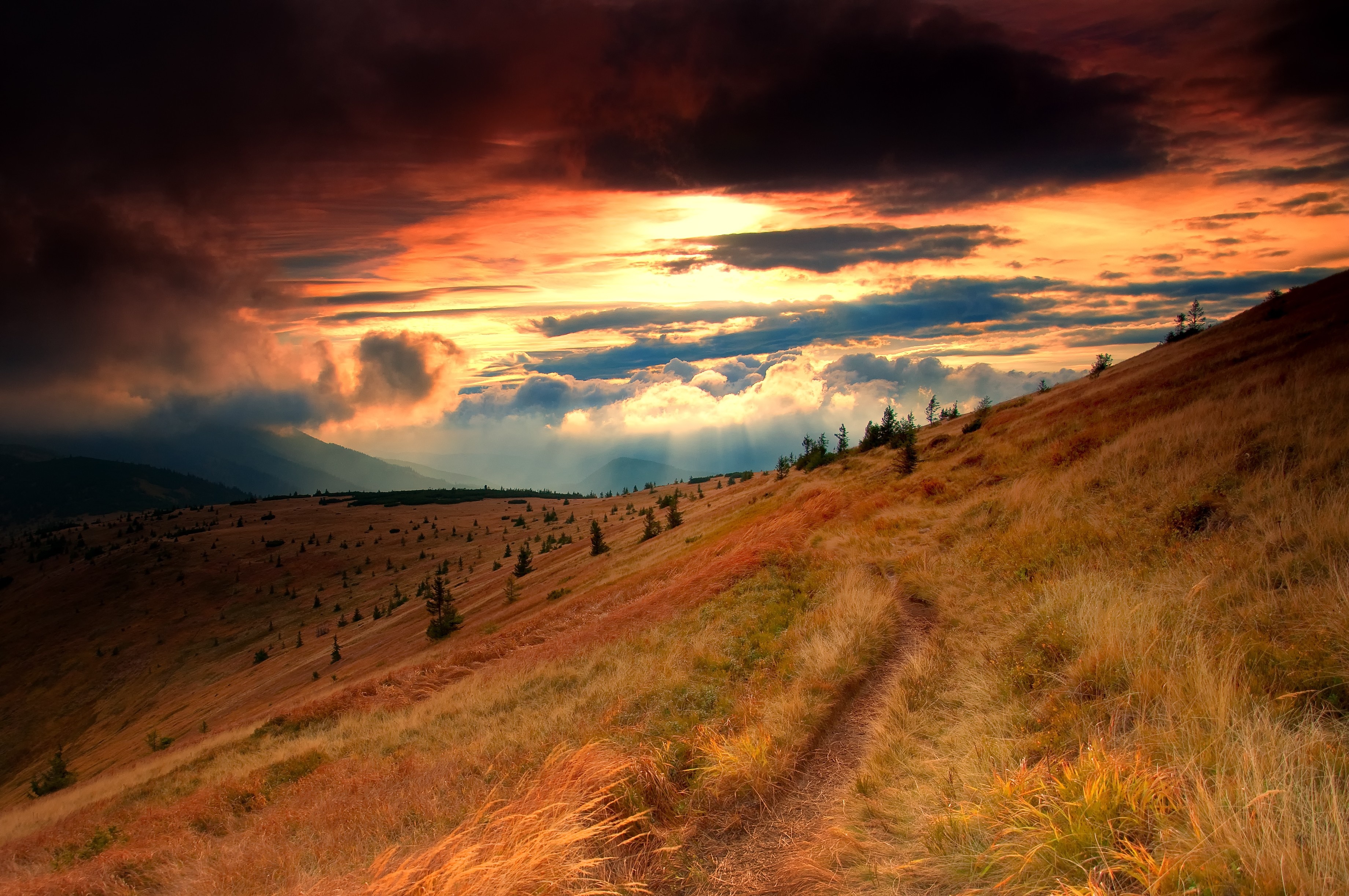 mountains, Hills, Autumn, Sunset, Trail, Landscape Wallpaper