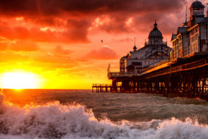 pier, Sunset, Sunlight, Ocean, Beach
