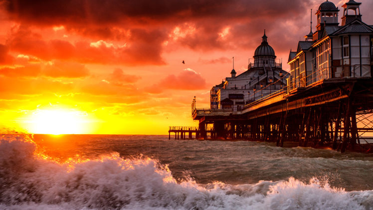 pier, Sunset, Sunlight, Ocean, Beach HD Wallpaper Desktop Background