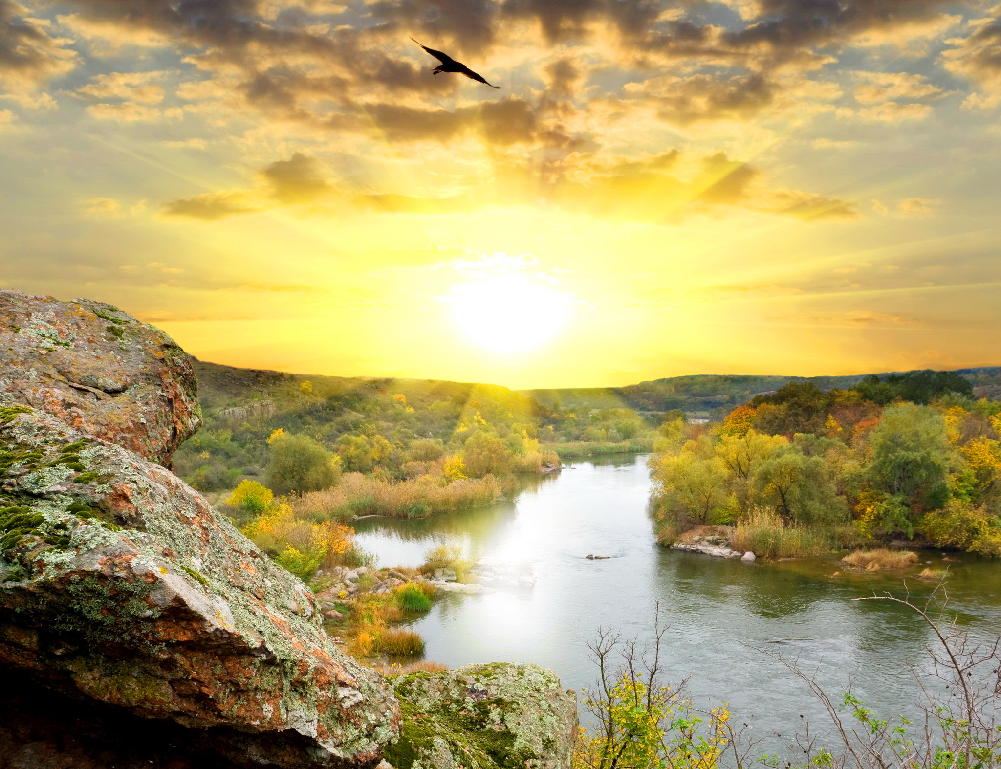 sunrises, And, Sunsets, Scenery, Rivers, Nature, Autumn Wallpaper