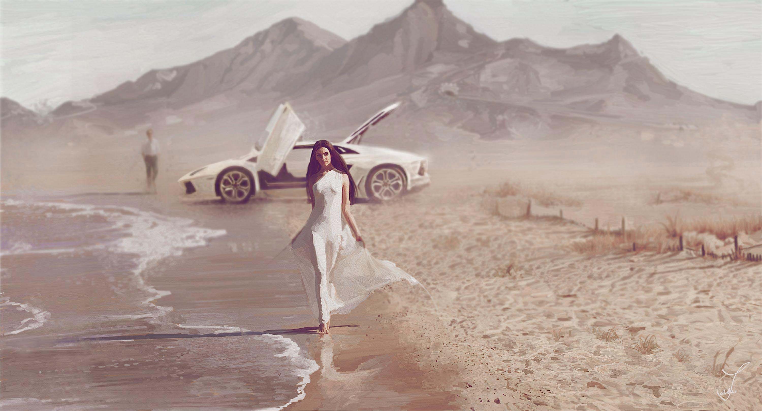 art, Sea, Coast, Girl, Car, Mood, Beach, Lamborghini, Supercar, Brunette Wallpaper
