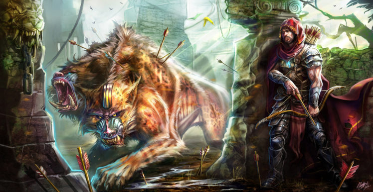 battle, Magical, Animals, Archers, Warrior, Monster HD Wallpaper Desktop Background