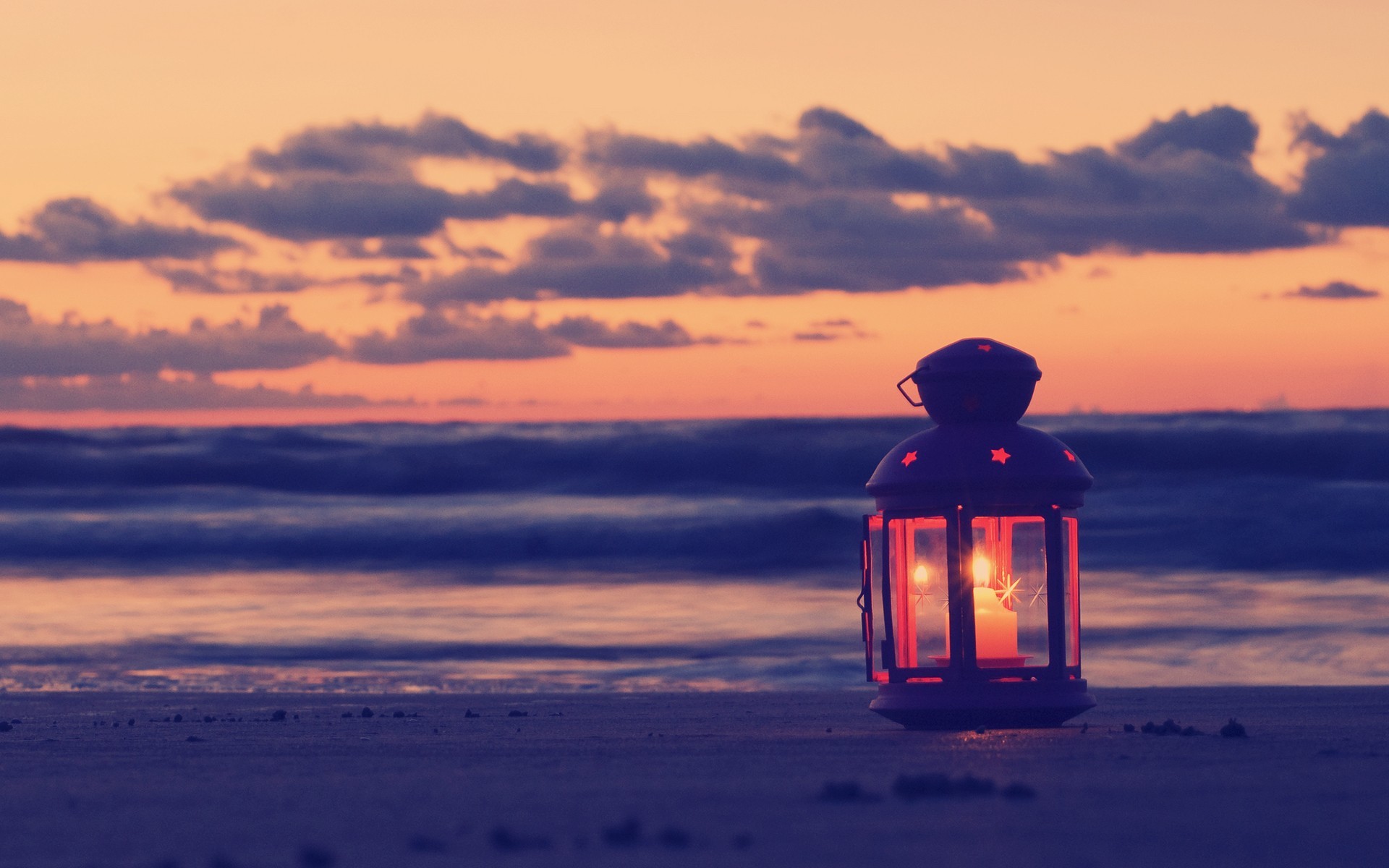 lamp, Candle, Beach, Sand, Sea, Evening, Clouds, Bokeh Wallpaper