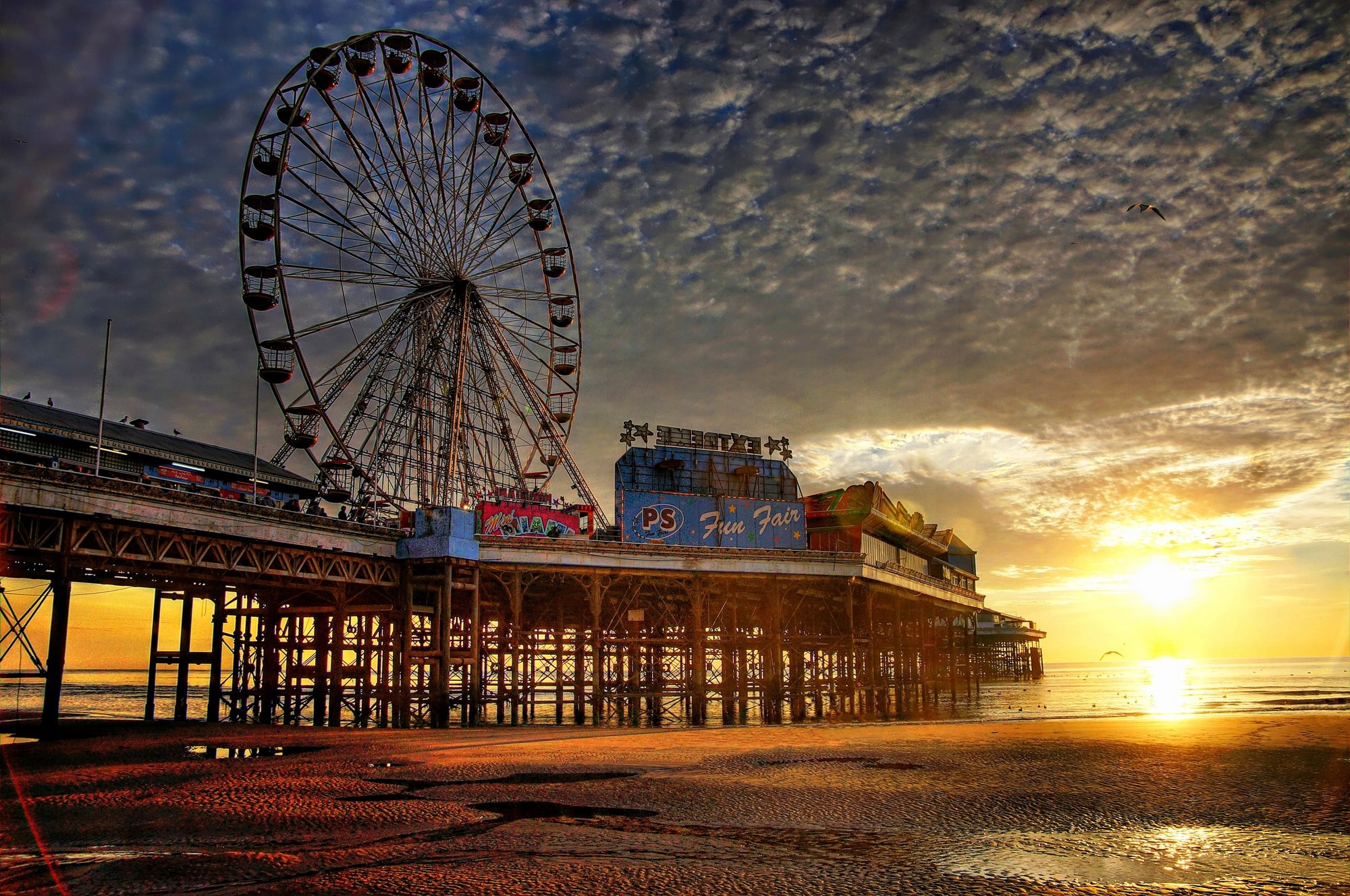 pier, Blackpool, United, Kingdom, Sunset, Landscape Wallpaper