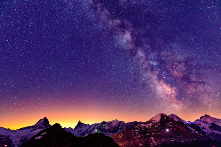 sky, Stars, Mountains, Switzerland, Sunrises, And, Sunsets, Alps, Nature HD Wallpaper Desktop Background
