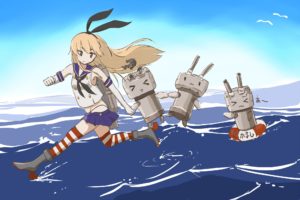 kantai, Collection, Blonde, Hair, Boots, Bow, Elbow, Gloves, Kantai, Collection, Long, Hair, Robot, Shimakaze,  kancolle , Takekumo, Thighhighs, Water
