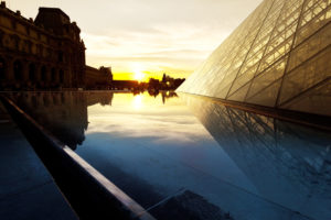 louvre, Paris, Pyramid, Buildings, Sunset, Reflection
