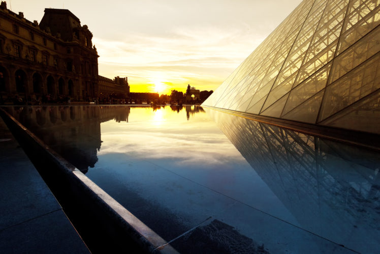 louvre, Paris, Pyramid, Buildings, Sunset, Reflection HD Wallpaper Desktop Background