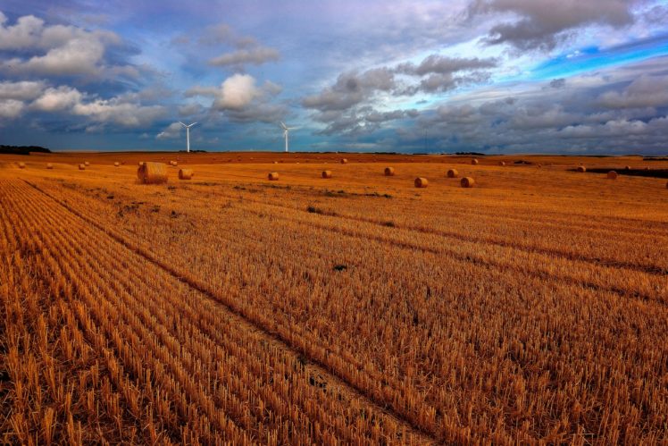 field, Windmills, Sky, Clouds, Landscape, Mill HD Wallpaper Desktop Background