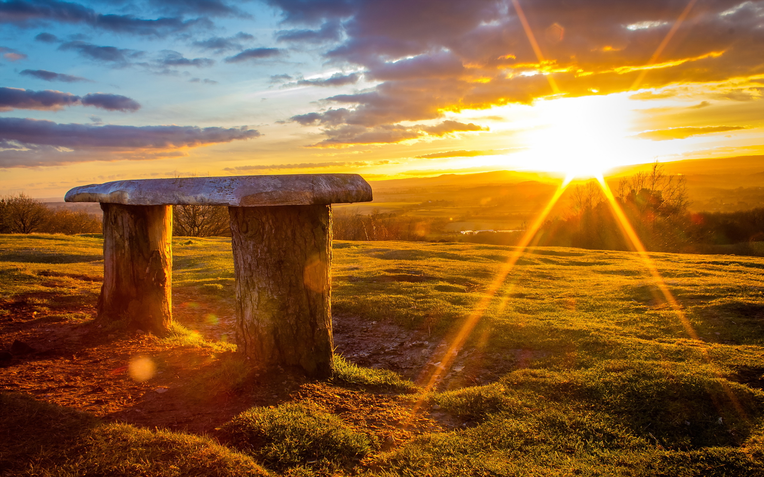 bench, Sunset, Sunrise, Landscape, Sky, Mood Wallpaper
