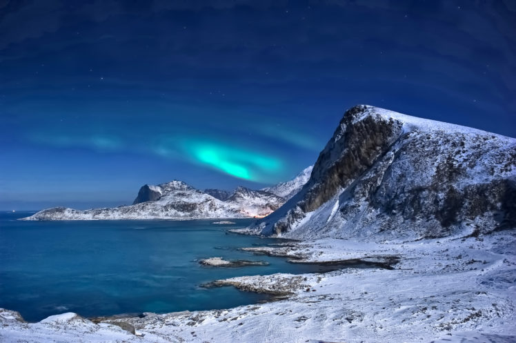 landscape, Winter, Snow, Mountains, Sea, Northern, Lights, Lofoten, Islands, Norway HD Wallpaper Desktop Background