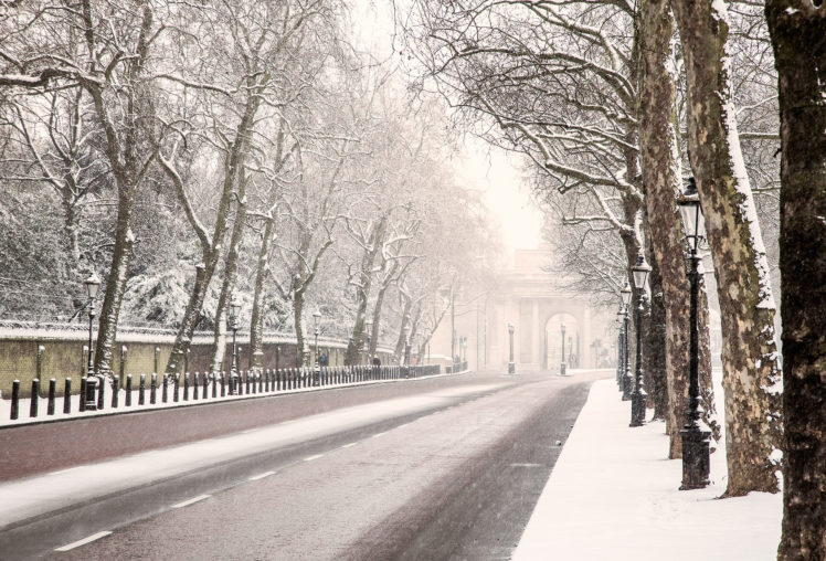 london, England, Road, Winter, Snow, Trees, Lights HD Wallpaper Desktop Background