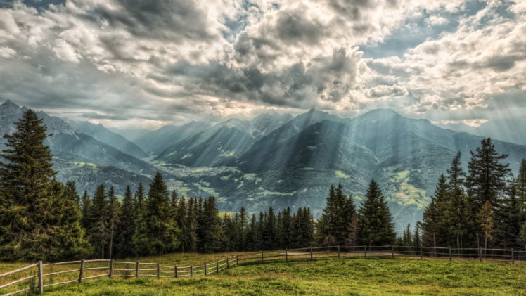 austria, Alps, Rays, Of, Light, Clouds, Fence, Nature HD Wallpaper Desktop Background