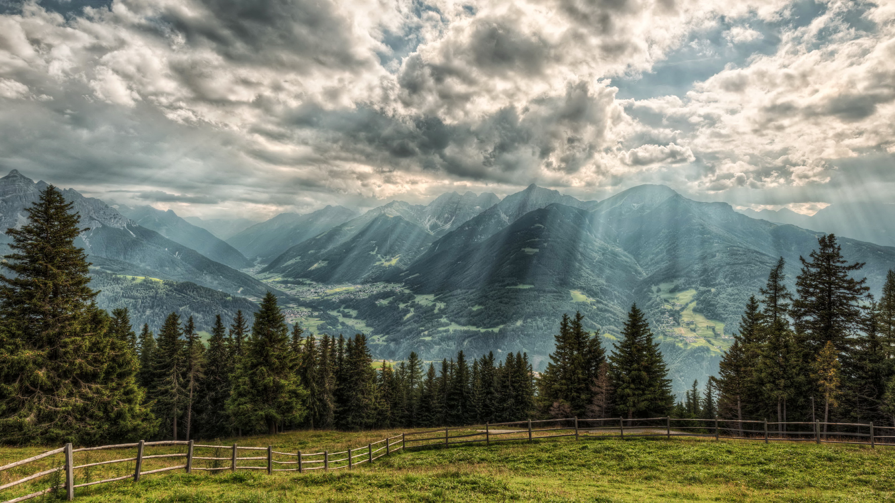 austria, Alps, Rays, Of, Light, Clouds, Fence, Nature Wallpaper