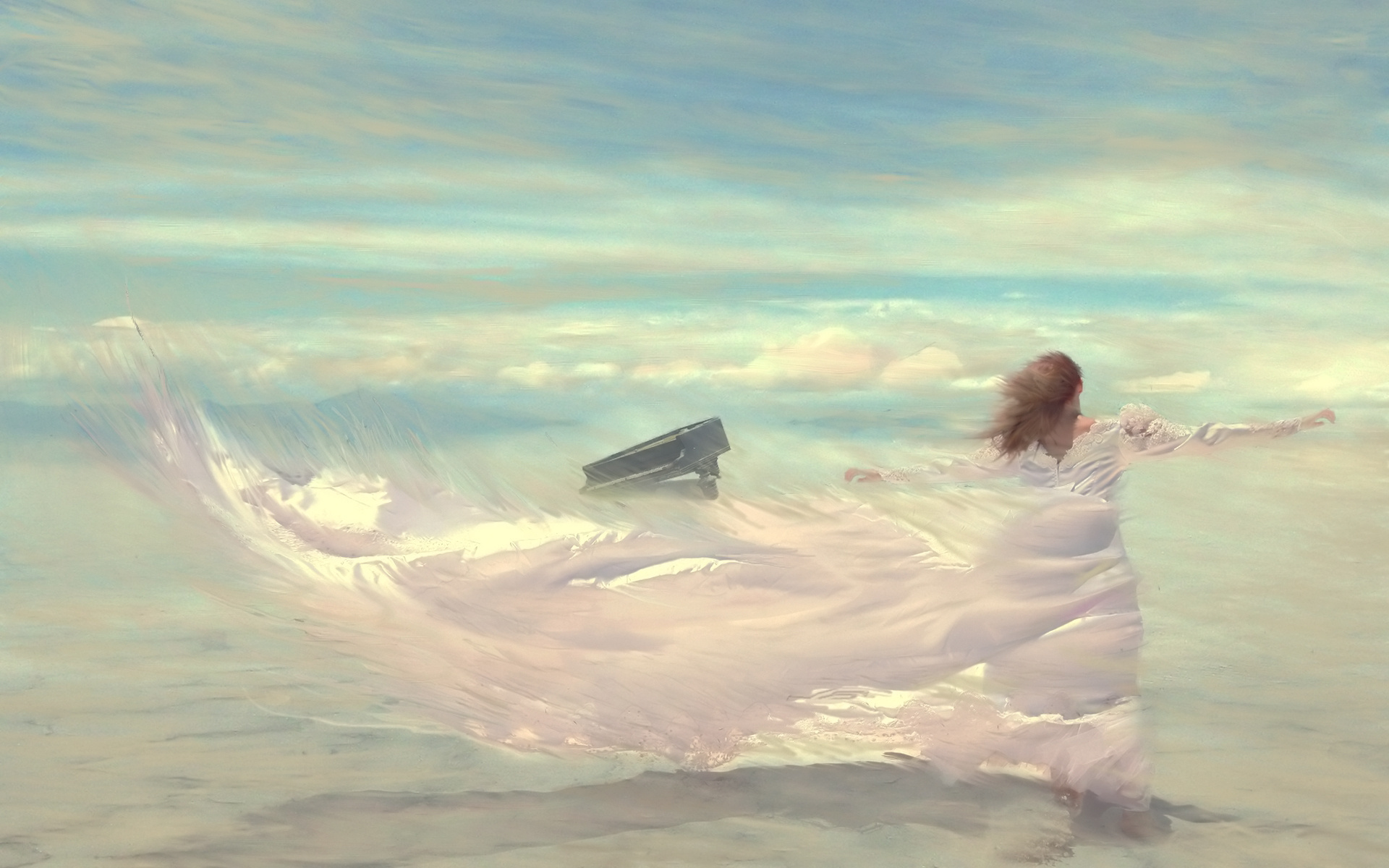 drawing, Wind, Woman, Dress, Sky, Piano, Clouds Wallpaper