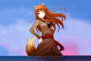 spice, And, Wolf, Animal, Ears, Brown, Hair, Clouds, Horo, Long, Hair, Photoshop, Red, Eyes, Sky, Spice, And, Wolf, Stars, Sunset, Tail, Water, Wink, Wolfgirl