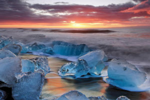 landscape, Sunset, Ice, Surf, Sky, Clouds, Iceland, Winter