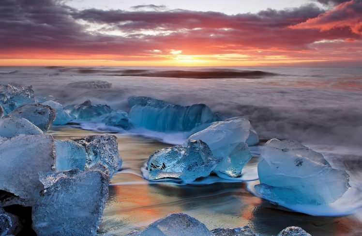 landscape, Sunset, Ice, Surf, Sky, Clouds, Iceland, Winter HD Wallpaper Desktop Background