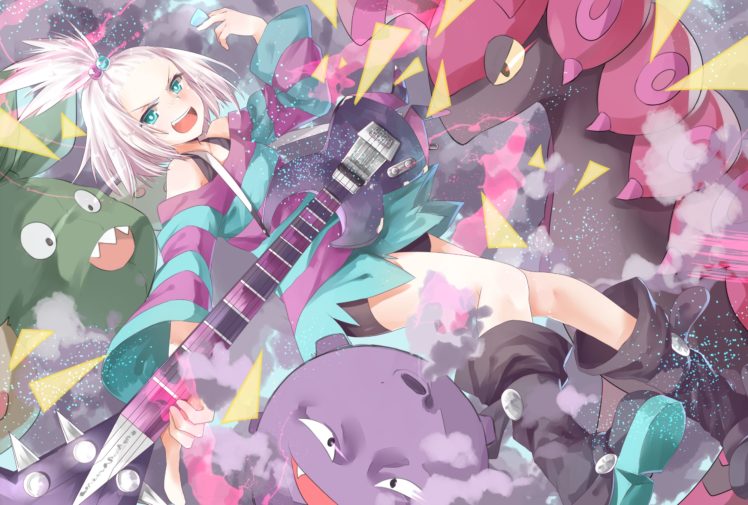 pokemon, Aqua, Eyes, Boots, Dress, Guitar, Homika,  pokemon , Instrument, Koffing, Pokemon, Scolipede, Transistor, Trubbish, White, Hair HD Wallpaper Desktop Background